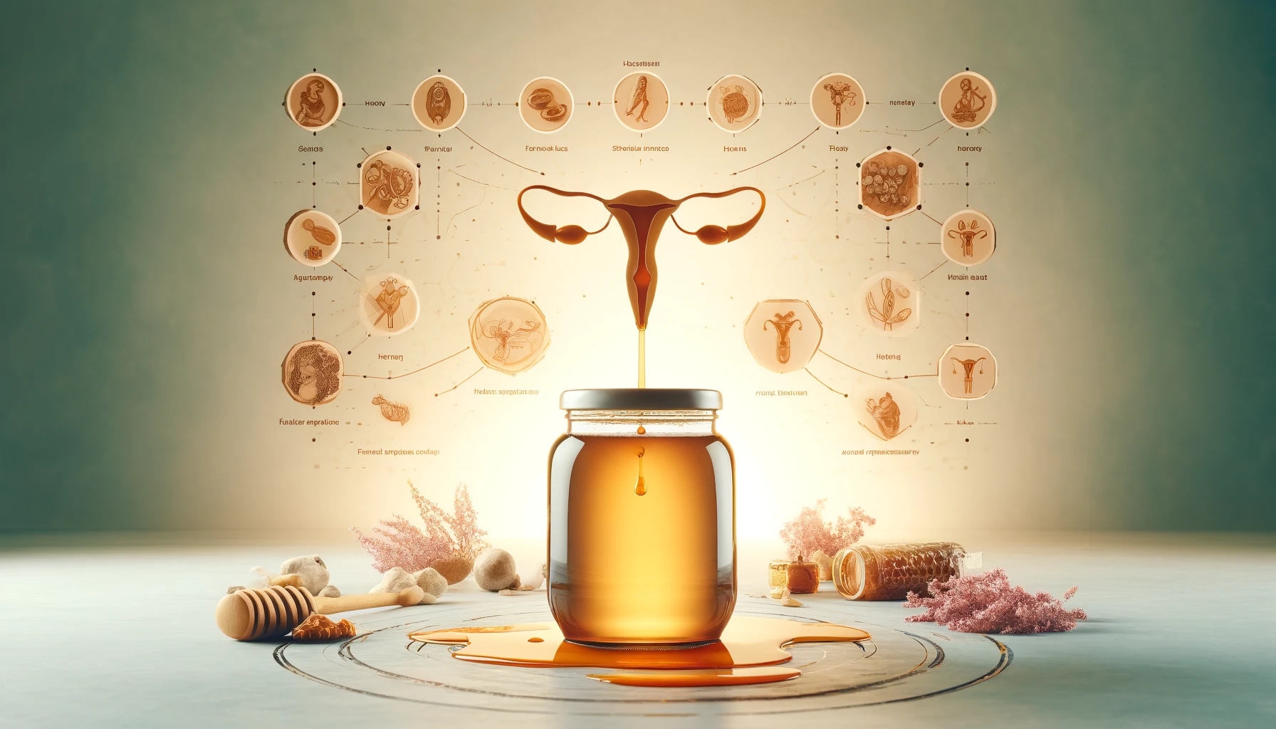 صمم صورة افقية مستطيلة الشكل بقياس 1200800 عن الأمراض النسائية وأفضل وصفات العسل لعلاجها